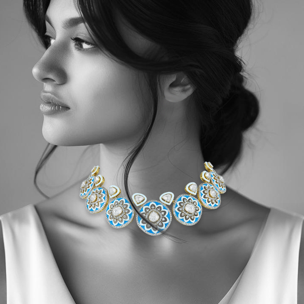 Blue Enamel Polki Necklace with Flower Motifs & Diamond Halos